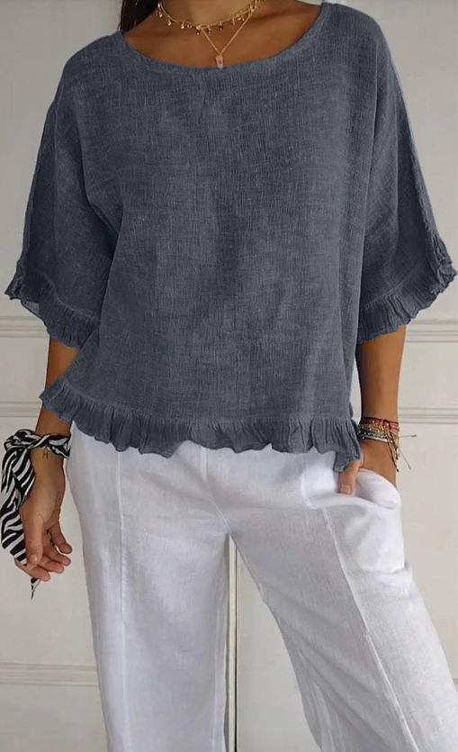 🔥Clearance Sale🔥 Women’s Round Neck Ruffled Cotton And Linen Top