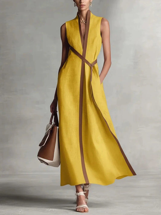 Daily White Colorblock Stand-Up Collar Pocket Boho Contrast Linen Maxi Dresses
