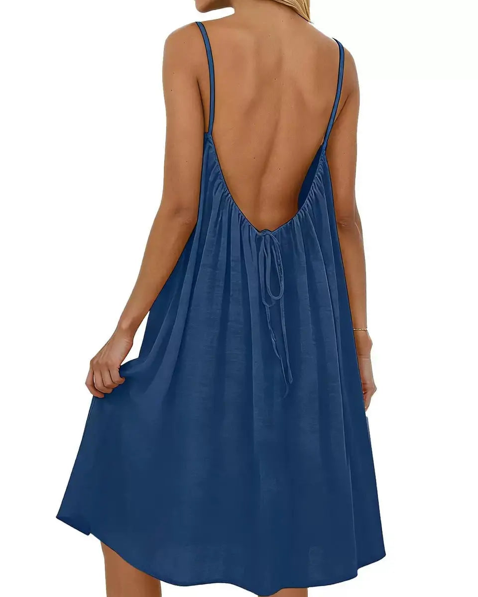 Women’s Solid-Color Backless Spaghetti-Strap Knee-Length Dress