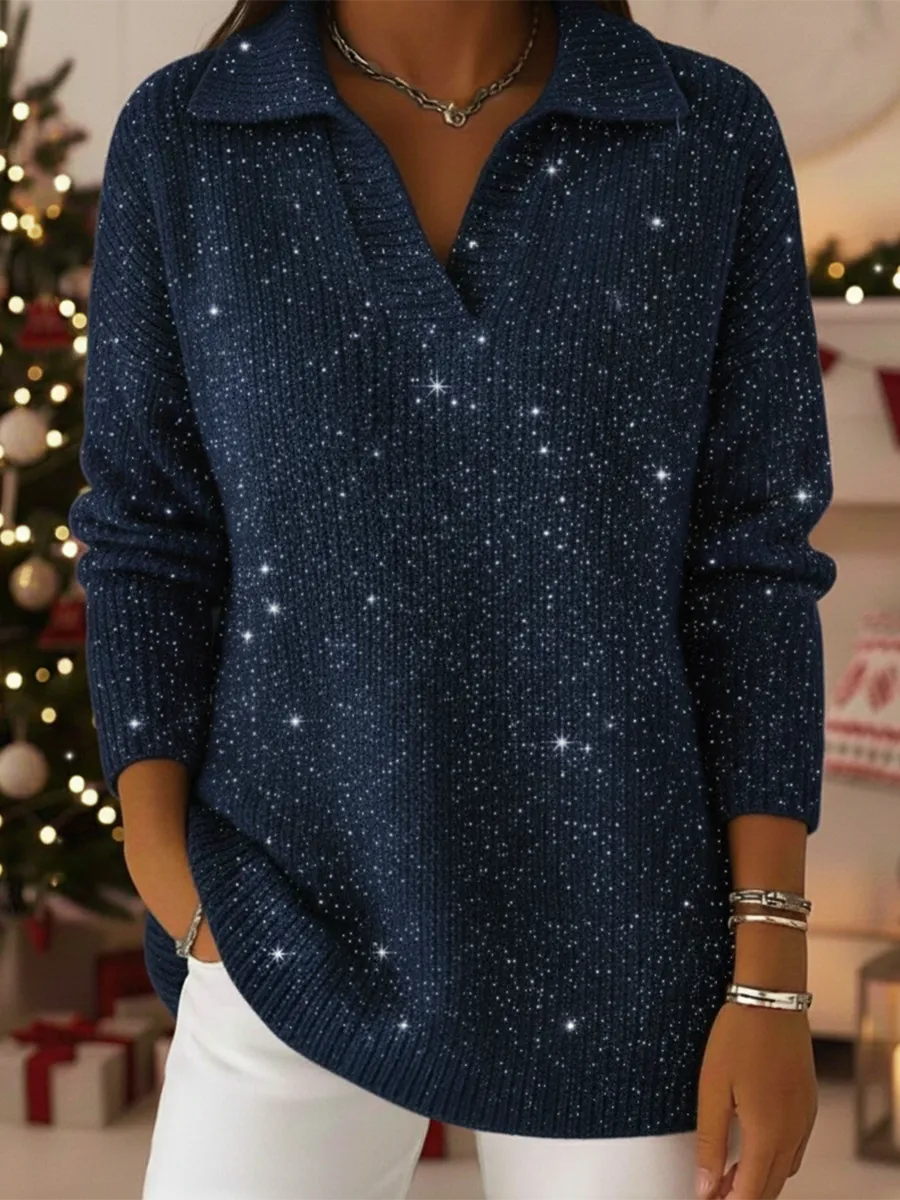Elegant Polo Collar Shiny Loose Sweater Top | Clearance Sale🔥