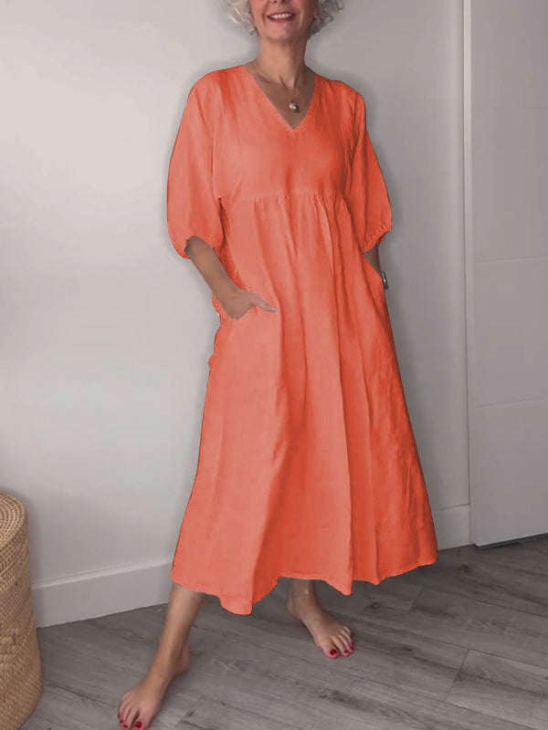 🔥Clearance Sale🔥 Women’s Casual Fashion V-Neck Solid Color Mid-Length Sleeve Dress