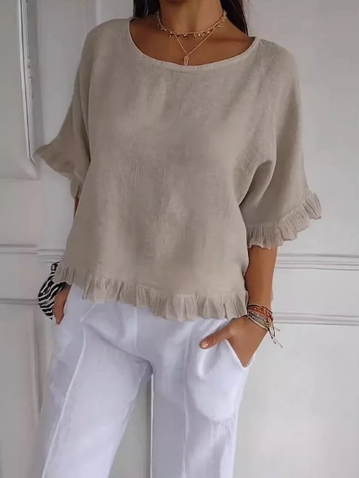 🔥Clearance Sale🔥 Women’s Round Neck Ruffled Cotton And Linen Top