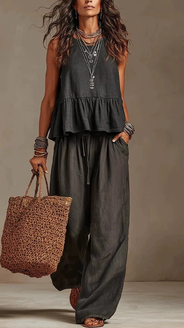 Women’s Cotton-Linen Two-Piece Set: Ruffled Sleeveless Top & Wide-Leg Pants