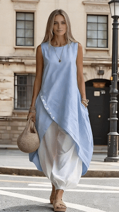 Women’s Everyday Round-Neck Linen Midi Dress with Asymmetrical Hem and Pockets