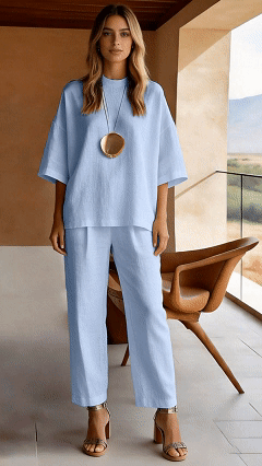 Plus Size Friendly Women’s Round Neck Solid Color Casual Seven Sleeve Set