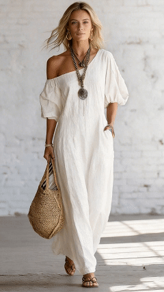 Women’s Solid-Color Loose-Fit Off-the-Shoulder Dress — Sophisticated Vintage Style