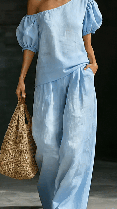 Women’s Casual & Comfortable Minimalist-Style Two-Piece Set: Off-Shoulder Linen Top with Puff Sleeves