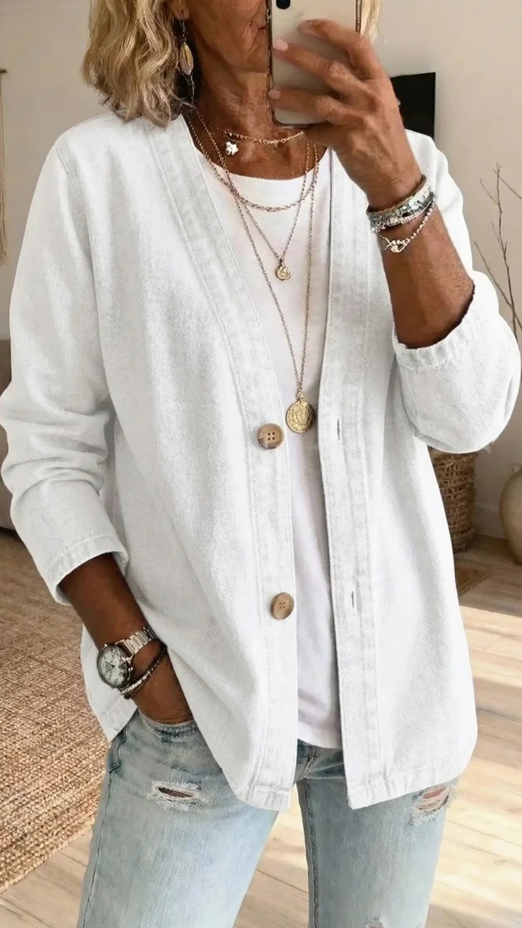 Women’s Polyester Denim-Like V-Neck Cardigan