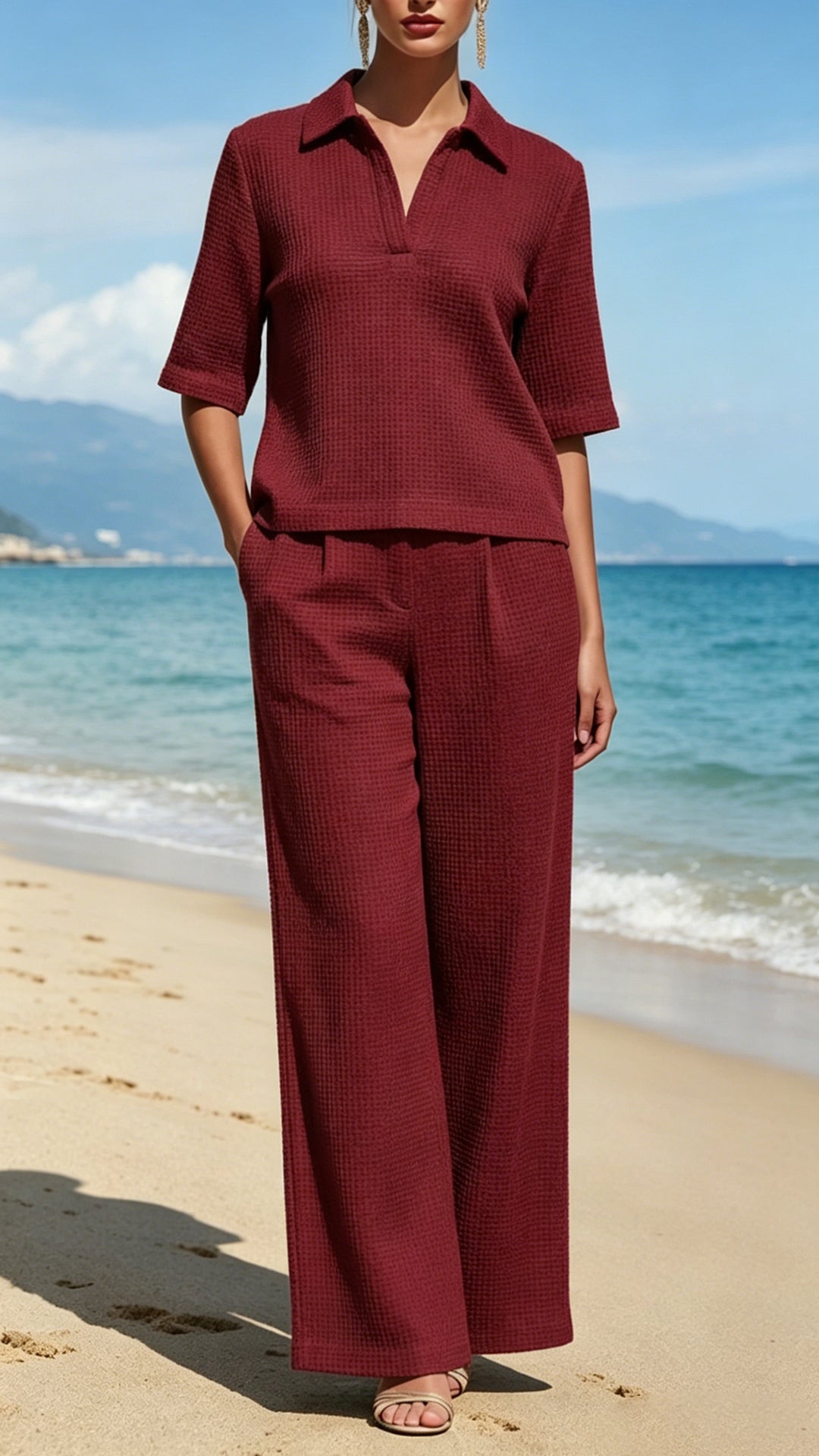 Women’s Waffle Knit Polo Collar Wide-Leg Set