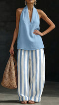 Women’s Cotton Linen Halter Stripe Wide-Leg Set