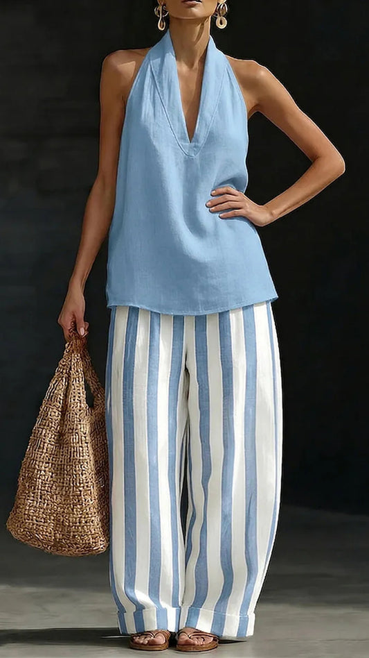 Women’s Cotton Linen Halter Stripe Wide-Leg Set