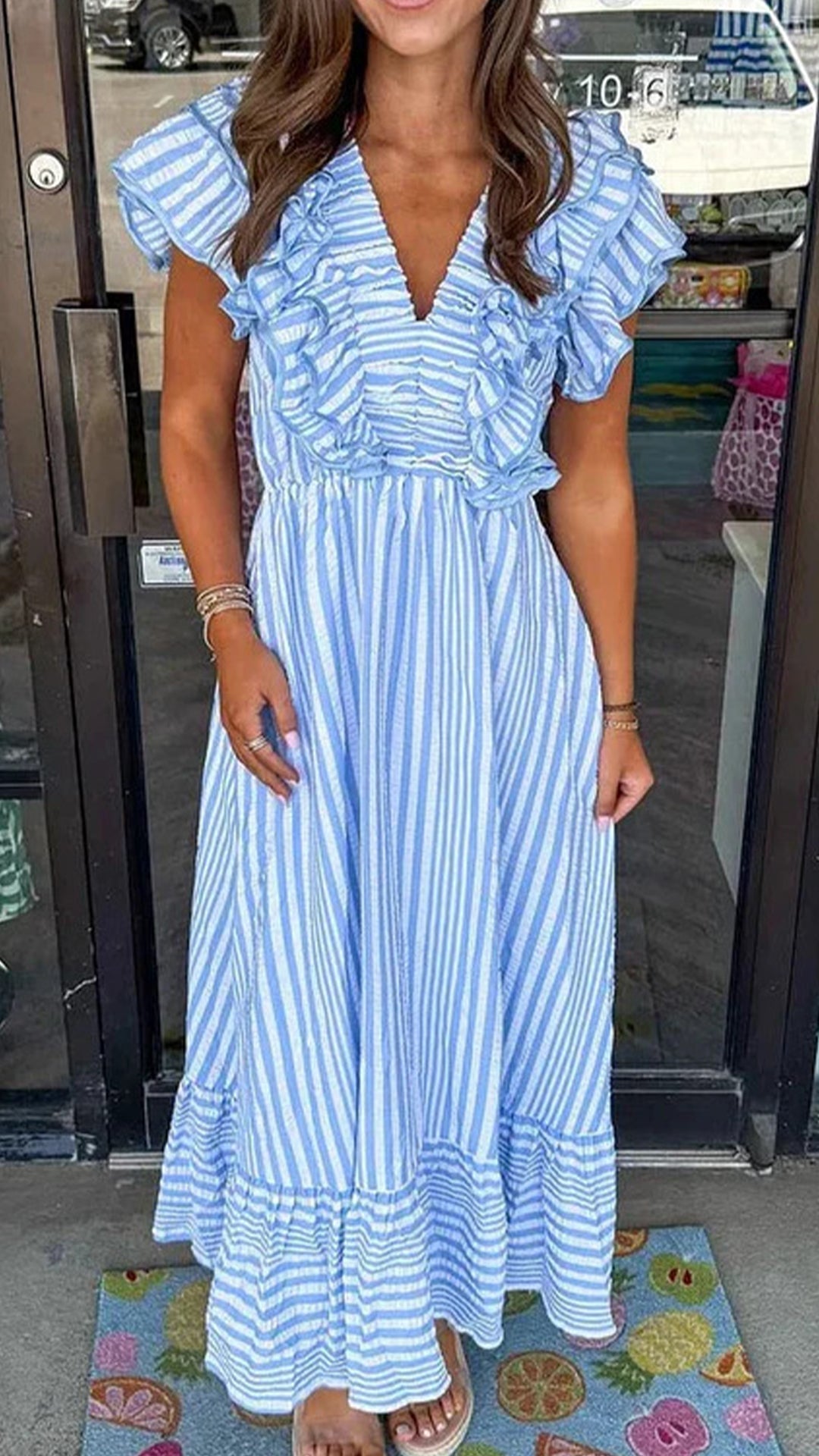 Women’s Ruffled V-Neck Striped Loose Maxi Dress