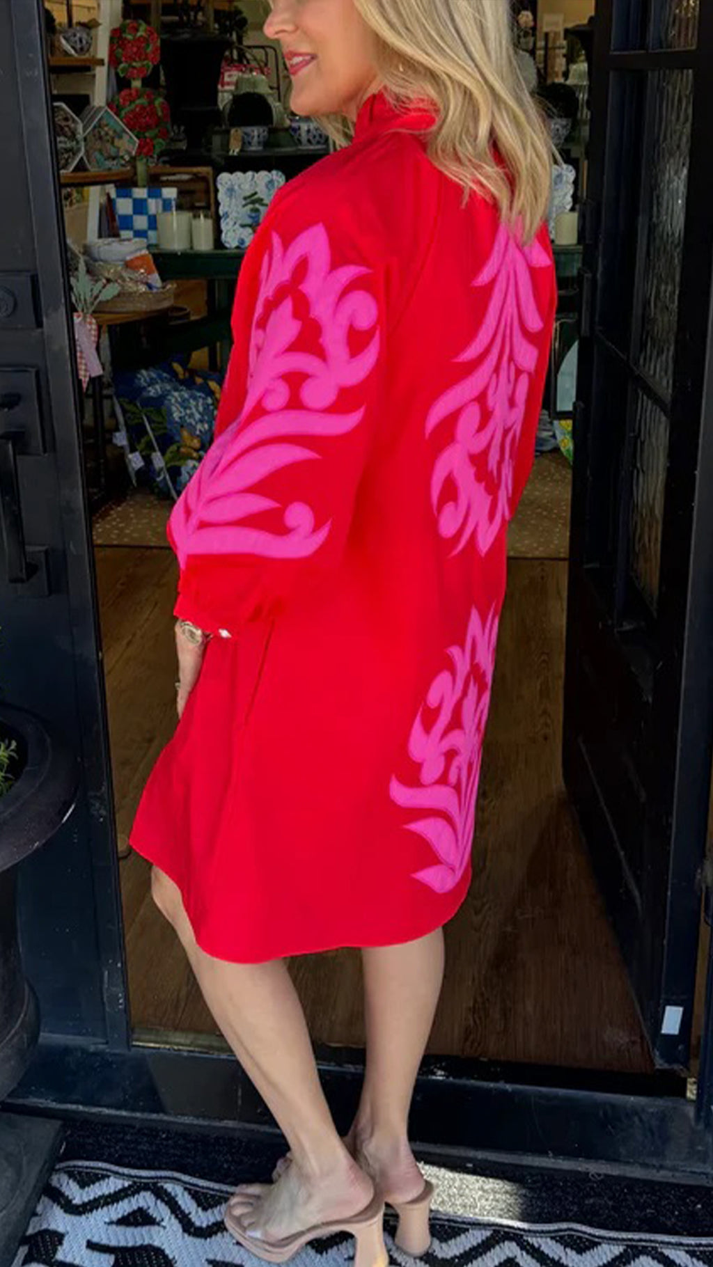 Women’s Stand Collar 3/4 Sleeve Printed Loose Shirt Mini Dress