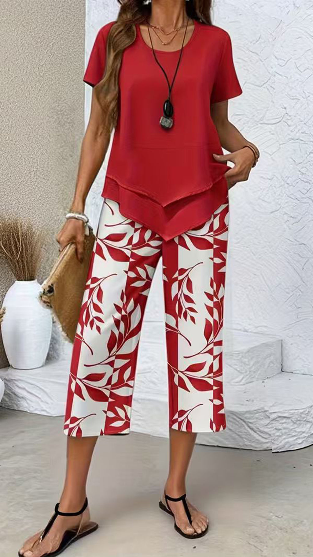 Women’s Irregular Hem Printed Loose Short Sleeve Two-Piece Set