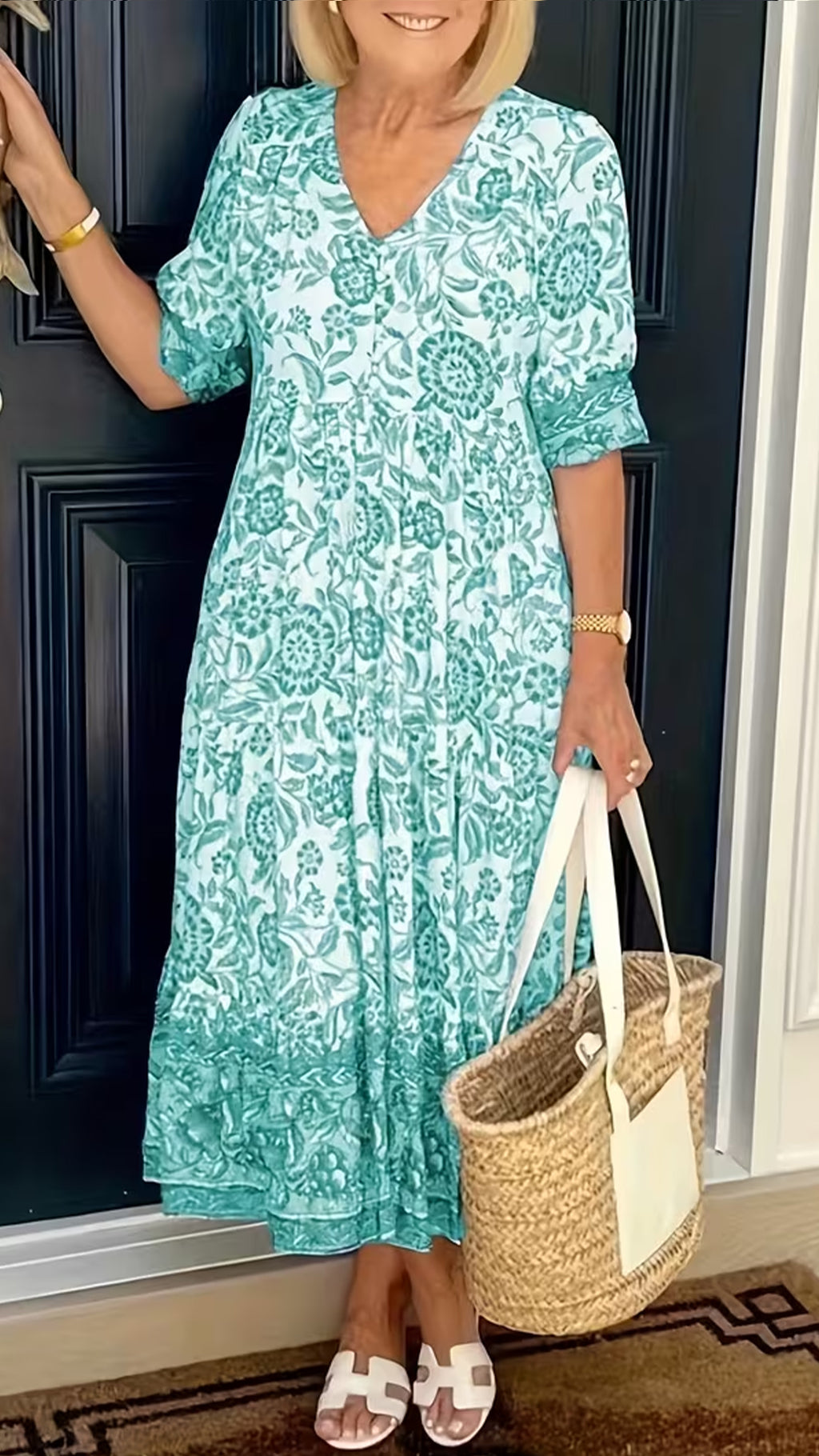 Women’s Blue and White Porcelain Print V-Neck Loose Ruffled Midi Dress