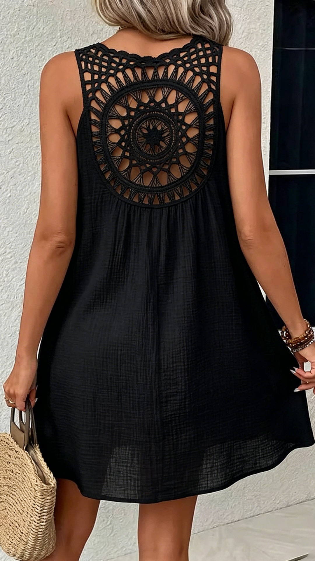 Women’s  Hollow Out Crochet V-Neck Loose Polyester Mini Dress