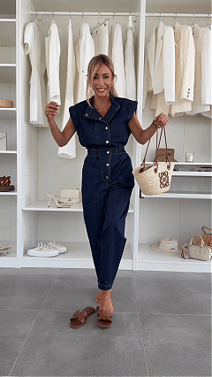 Women’s Stand Collar Sleeveless Denim Waist-Cinched Loose Jumpsuit