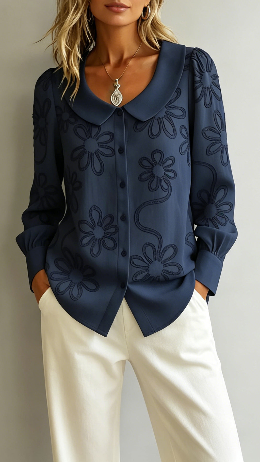 Women’s Doll Collar Printed Polyester Blouse