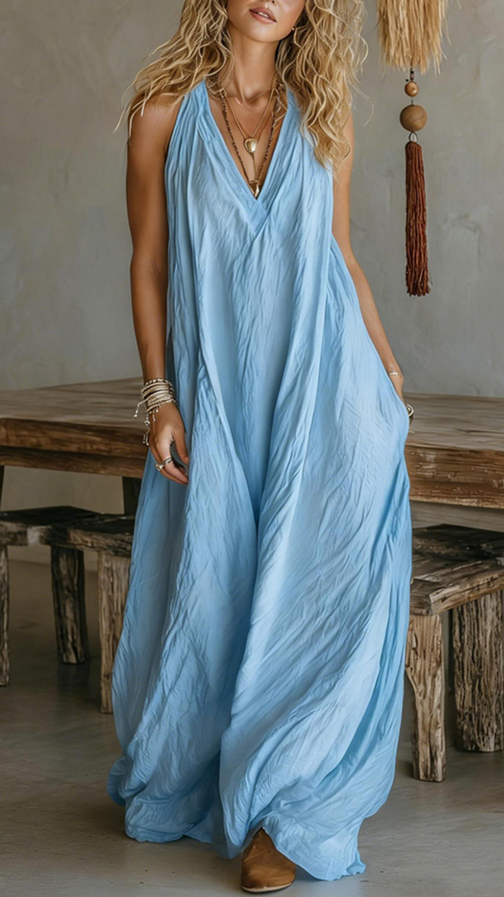 Women’s Halter V-Neck Linen-Blend Maxi Dress