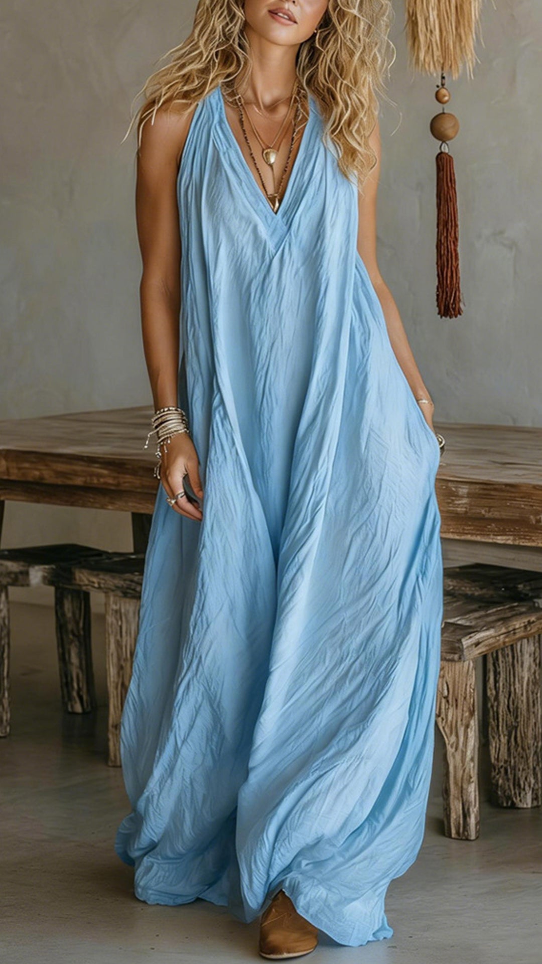 Women’s Halter V-Neck Linen-Blend Maxi Dress