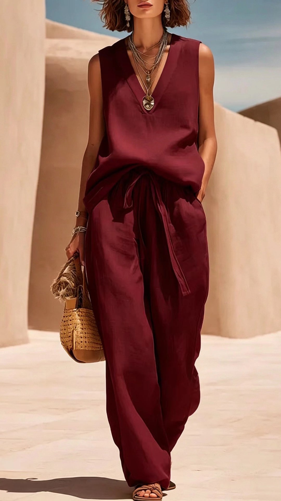 Women’s V-Neck Sleeveless Linen-Blend Set