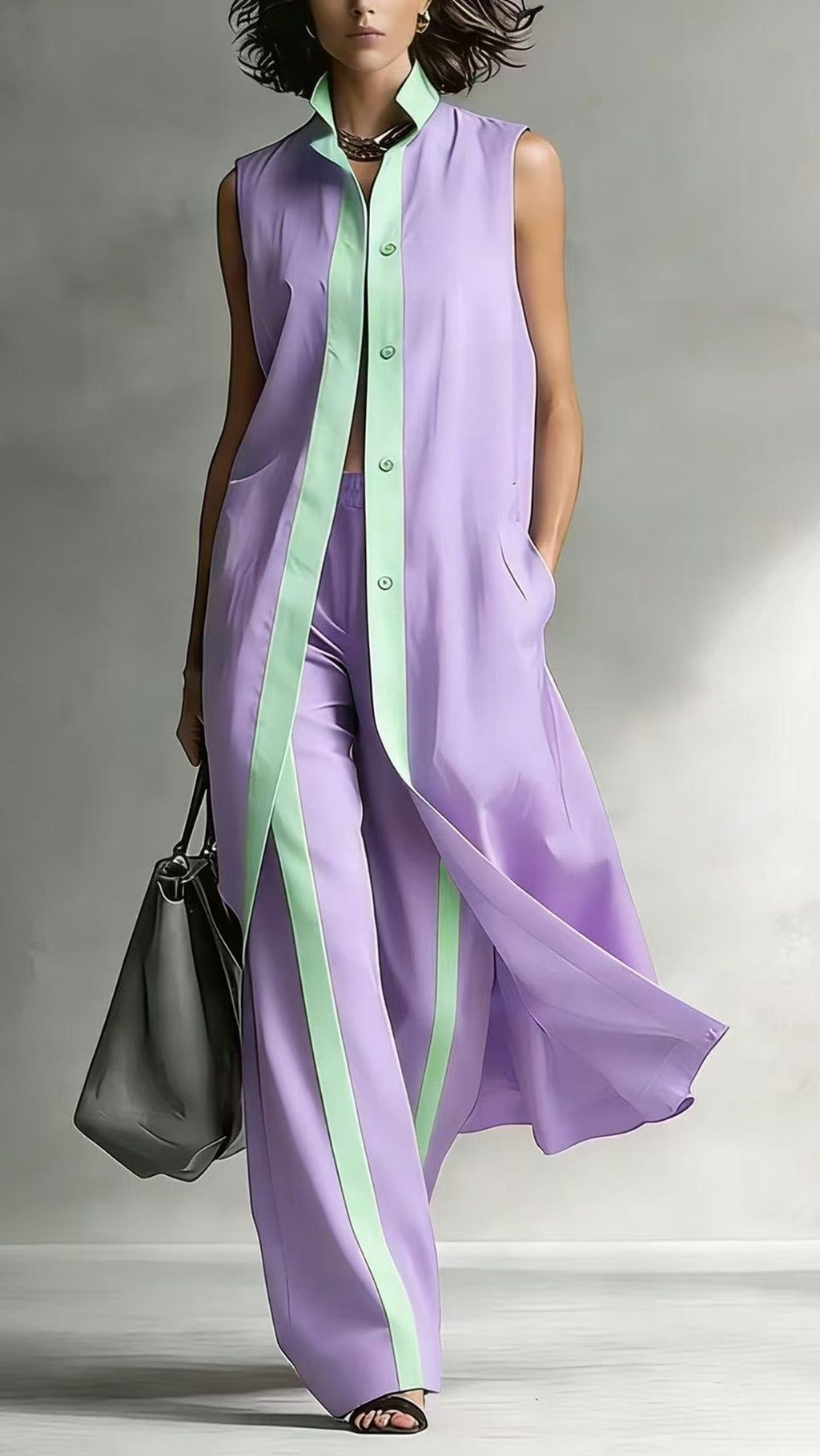 Women’s Color-Blocked Sleeveless Long Shirt & Wide-Leg Pants Set