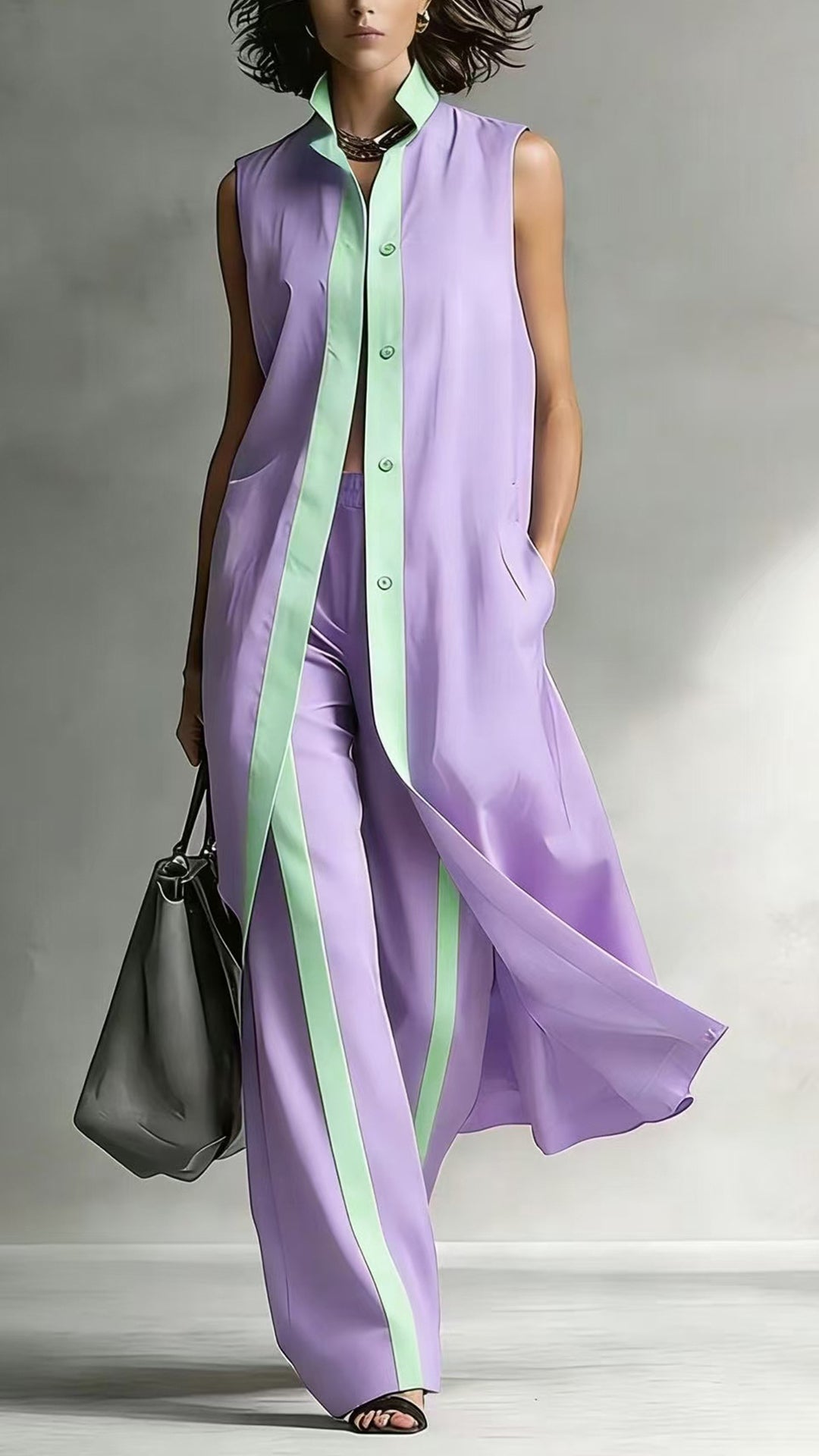 Women’s Color-Blocked Sleeveless Long Shirt & Wide-Leg Pants Set