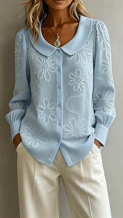 Women’s Doll Collar Printed Polyester Blouse