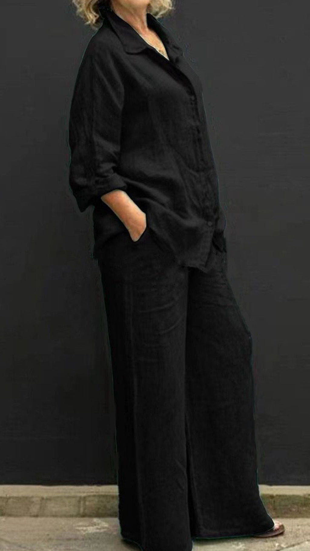 Women’s Linen Lapel Shirt & Wide-Leg Pants Two-Piece Set