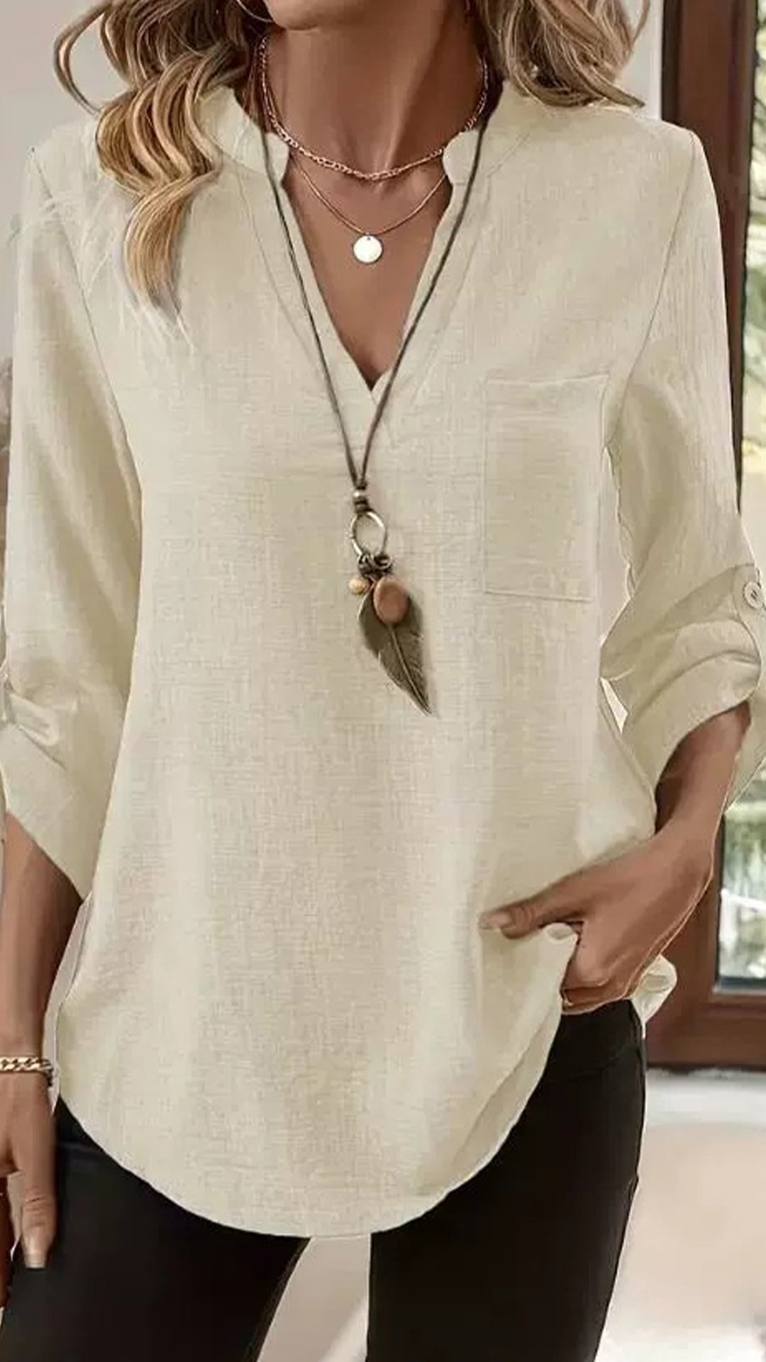 Women’s Army Green Linen-Blend Henley Shirt