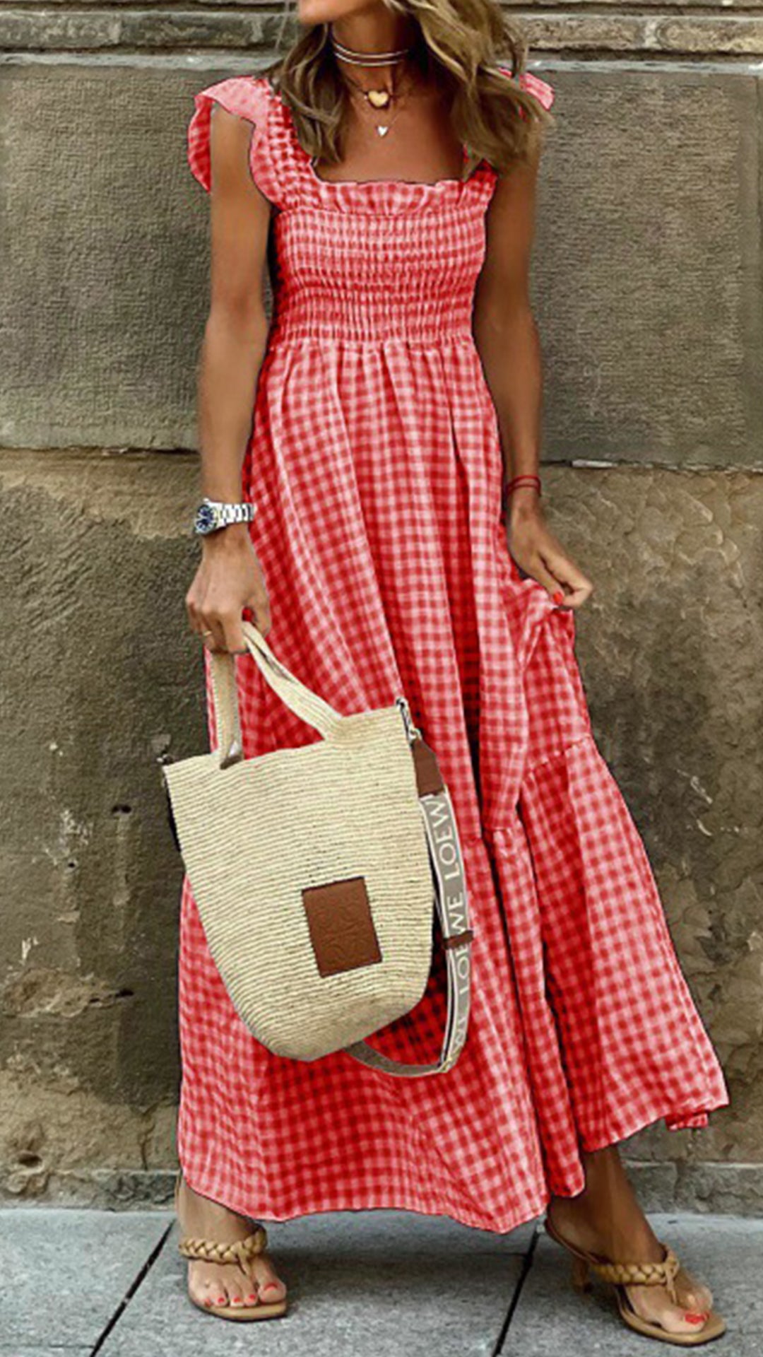 Women’s  Beige Gingham Linen-Blend Maxi Dress