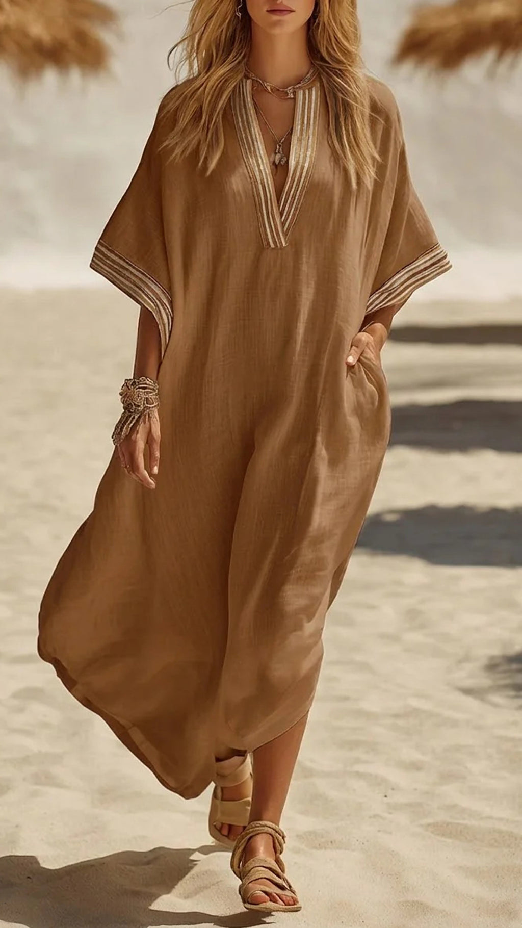 Women’s Striped Trim Cotton-Blend Kaftan Dress