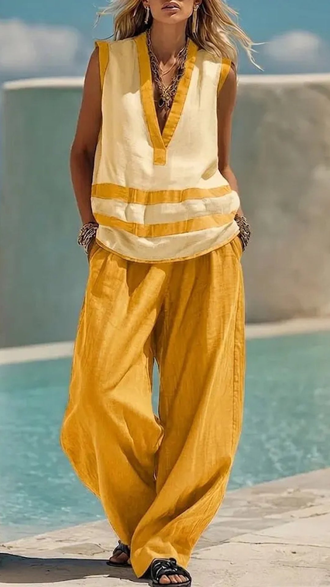 Women’s  Color-Block Stripe Cotton-Blend Two-Piece Set