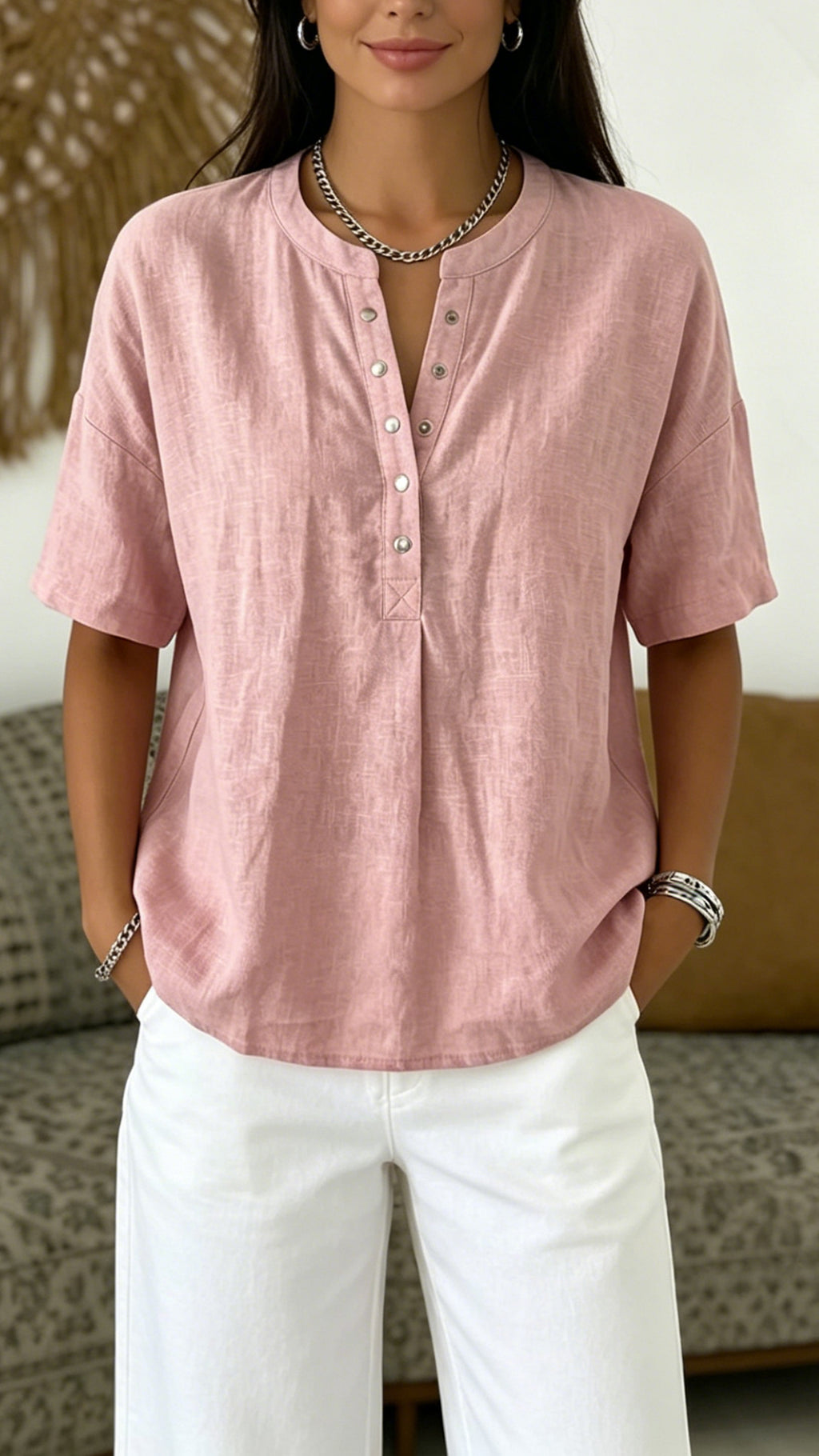 Women’s  Henley Neck Cotton-Blend Short-Sleeve Top