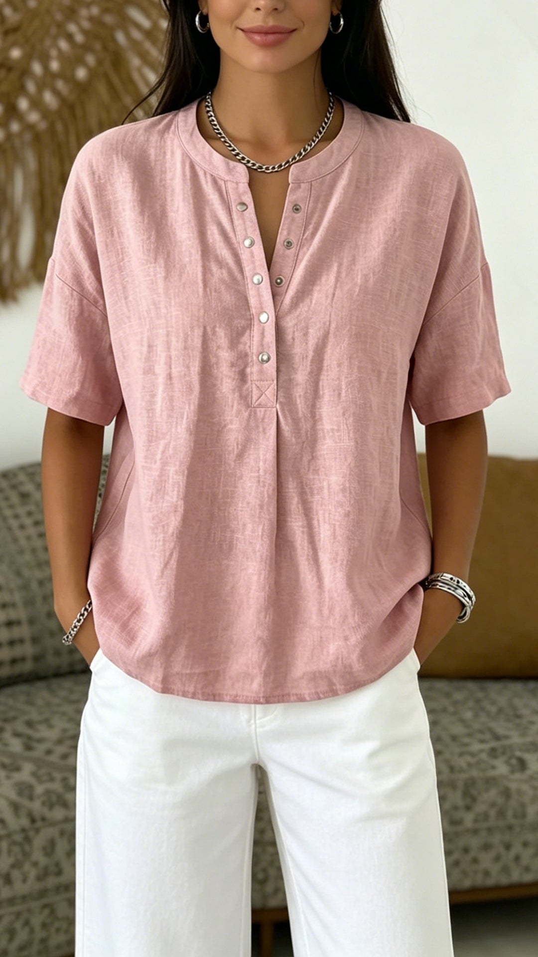 Women’s  Henley Neck Cotton-Blend Short-Sleeve Top