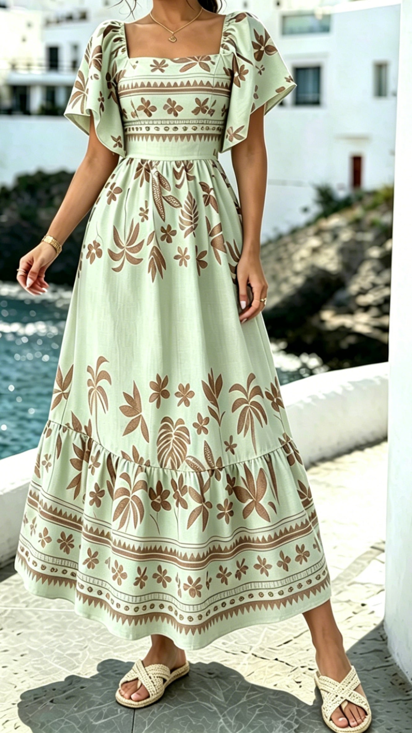 Women’s Printed Dress with Square Neckline and Flutter Sleeves