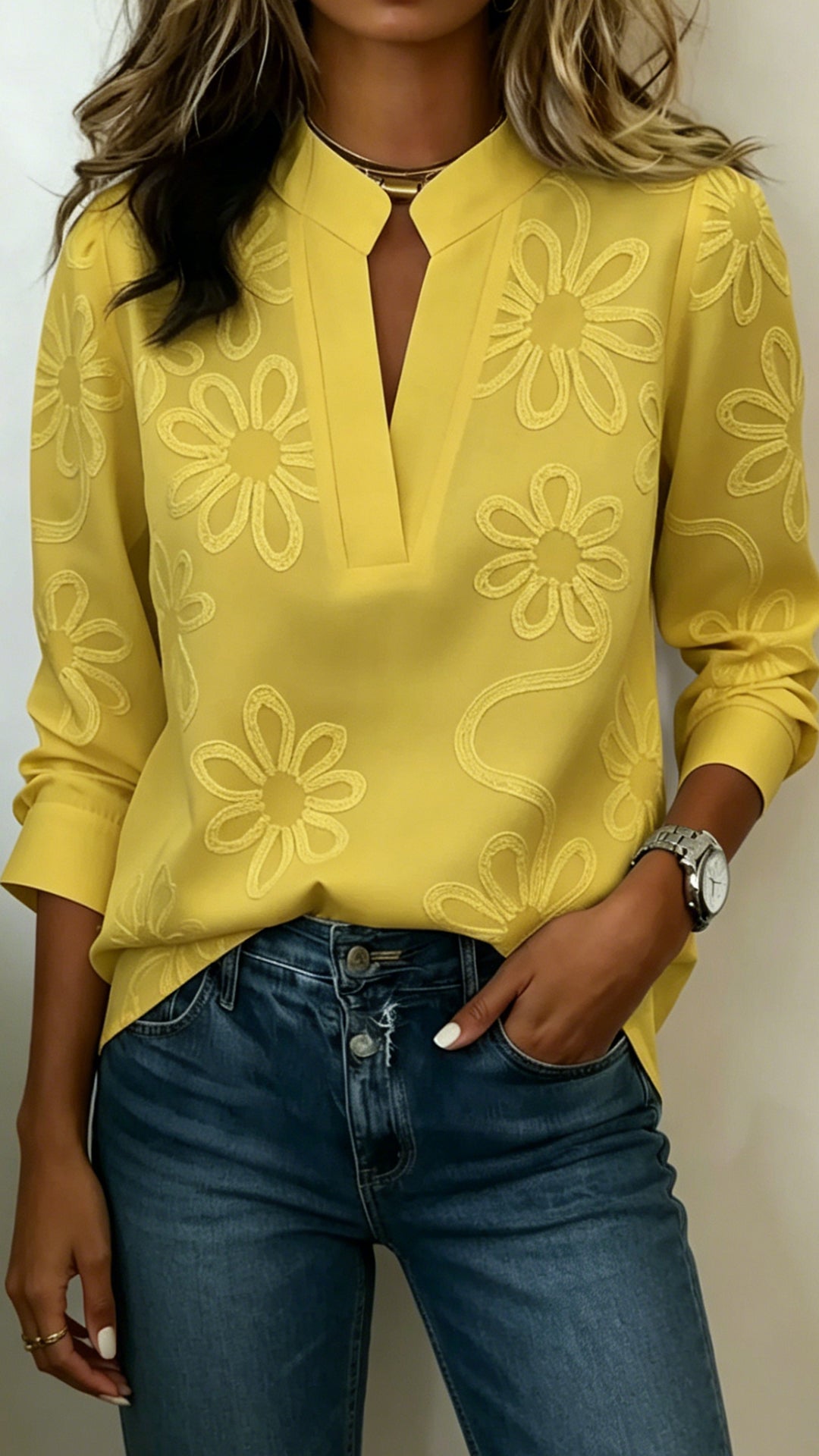 Women’s Floral Print Cotton-Blend Stand Collar Blouse