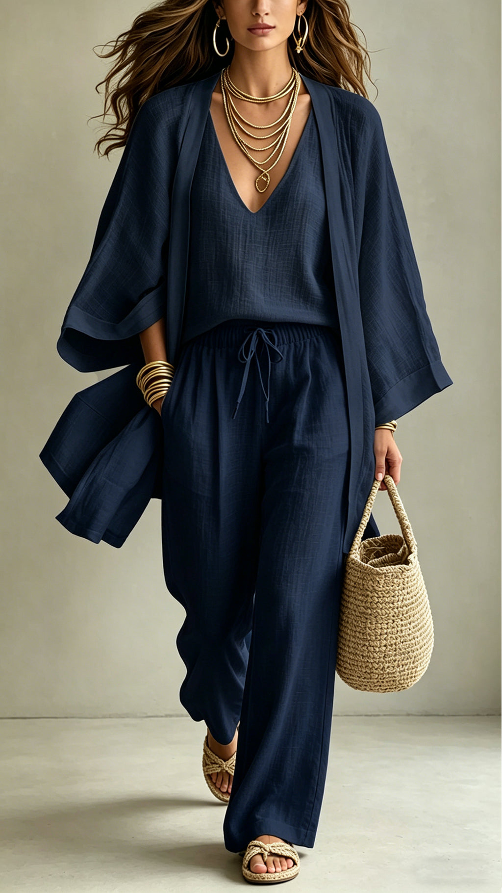 Women’s  Linen-Blend Three-Piece Set(Kimono + Tank + Pants)