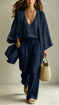 Women’s  Linen-Blend Three-Piece Set(Kimono + Tank + Pants)