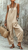 Women’s Minimalist Striped Loose-Fit Square-Neck Sleeveless Jumpsuit
