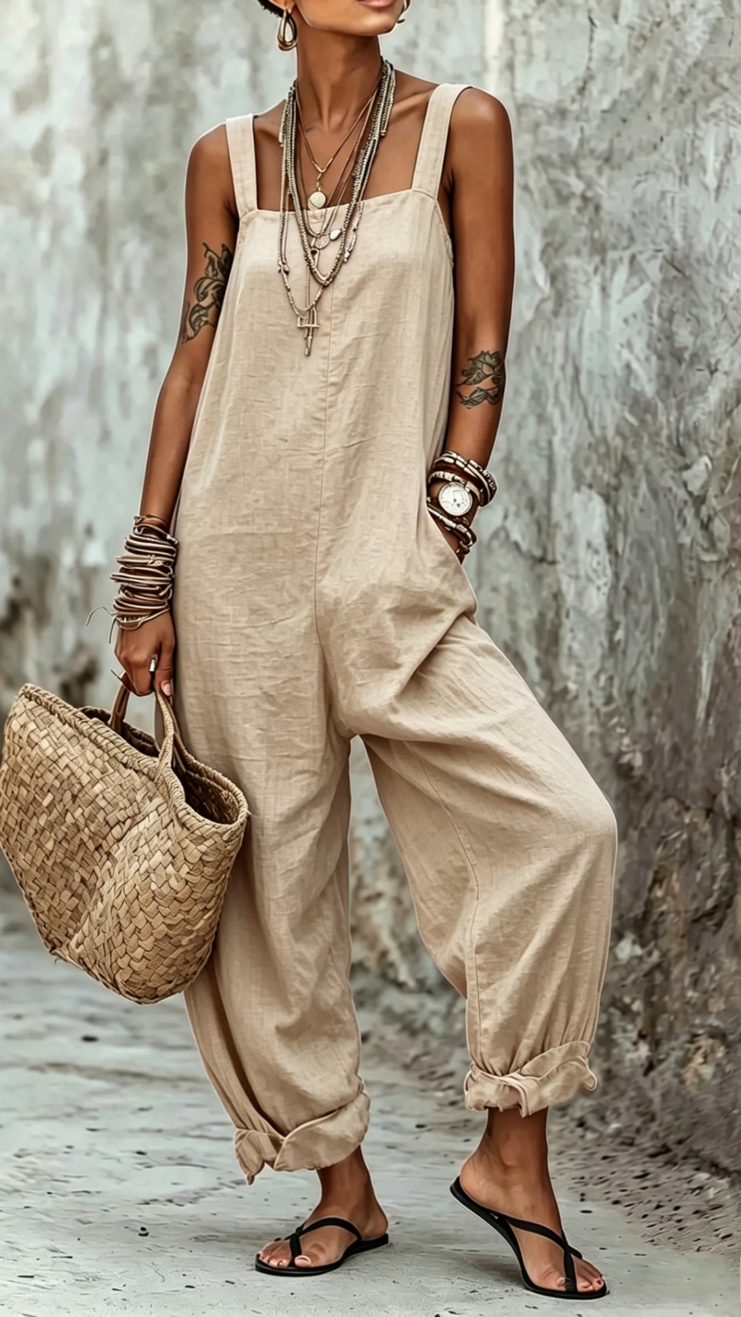 Women’s Minimalist Striped Loose-Fit Square-Neck Sleeveless Jumpsuit