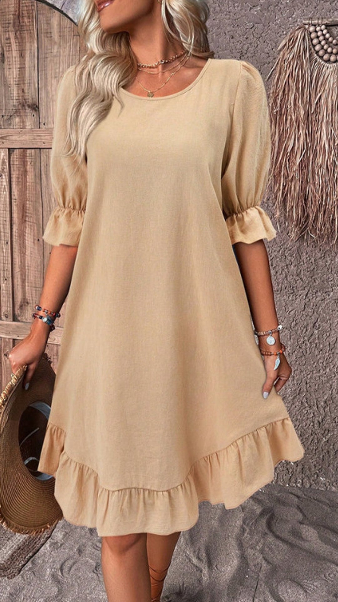 Women’s Cotton-Linen Round Neck Ruffle Hem Dress
