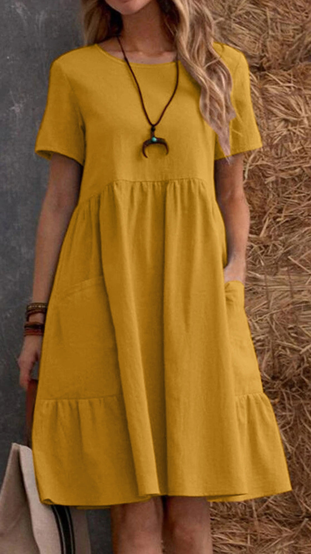 Women’s Cotton-Linen Round Neck Ruffle Hem Dress