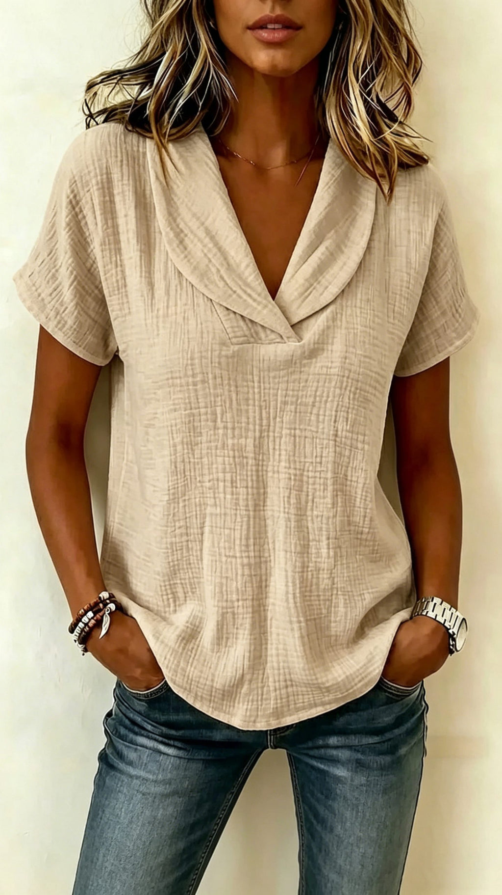 Women’s Short-Sleeve Crepe V-Neck Casual Fashion T-Shirt