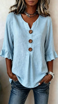 Women’s V-Neck Cotton-Linen Button-Up Top