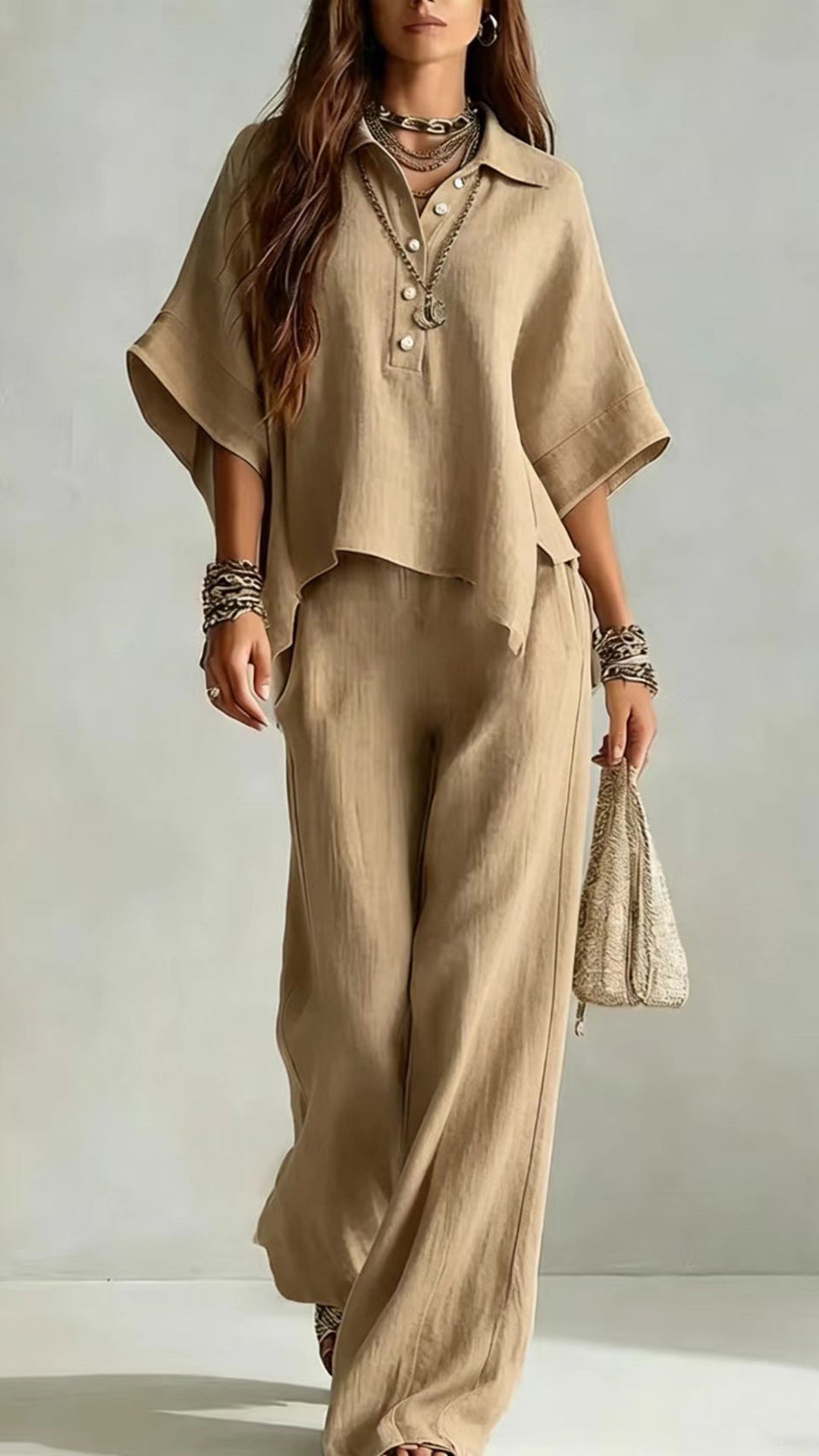 Women’s Cotton-Blend Henley Neck Wide-Leg Pants Set