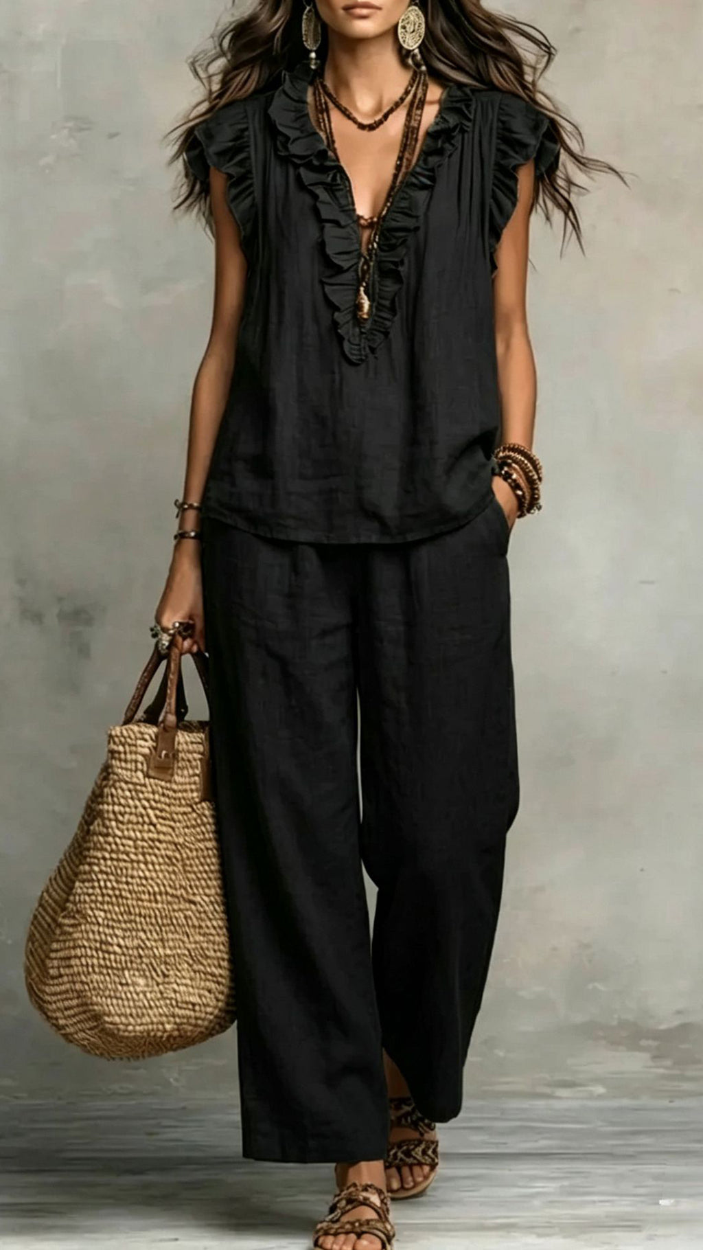 Women’s Cotton-Blend Ruffle V-Neck & Wide-Leg Pants Set