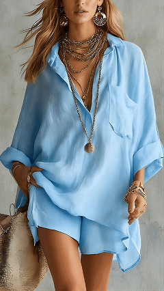 Women’s Cotton-Blend Loose Shirt & Shorts Set