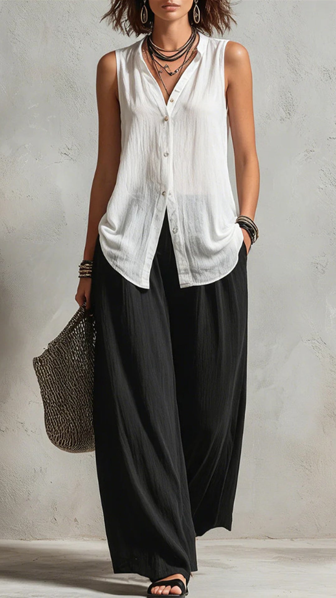 Women’s Cotton-Blend 3-Piece Layered Wide-Leg Pants Set