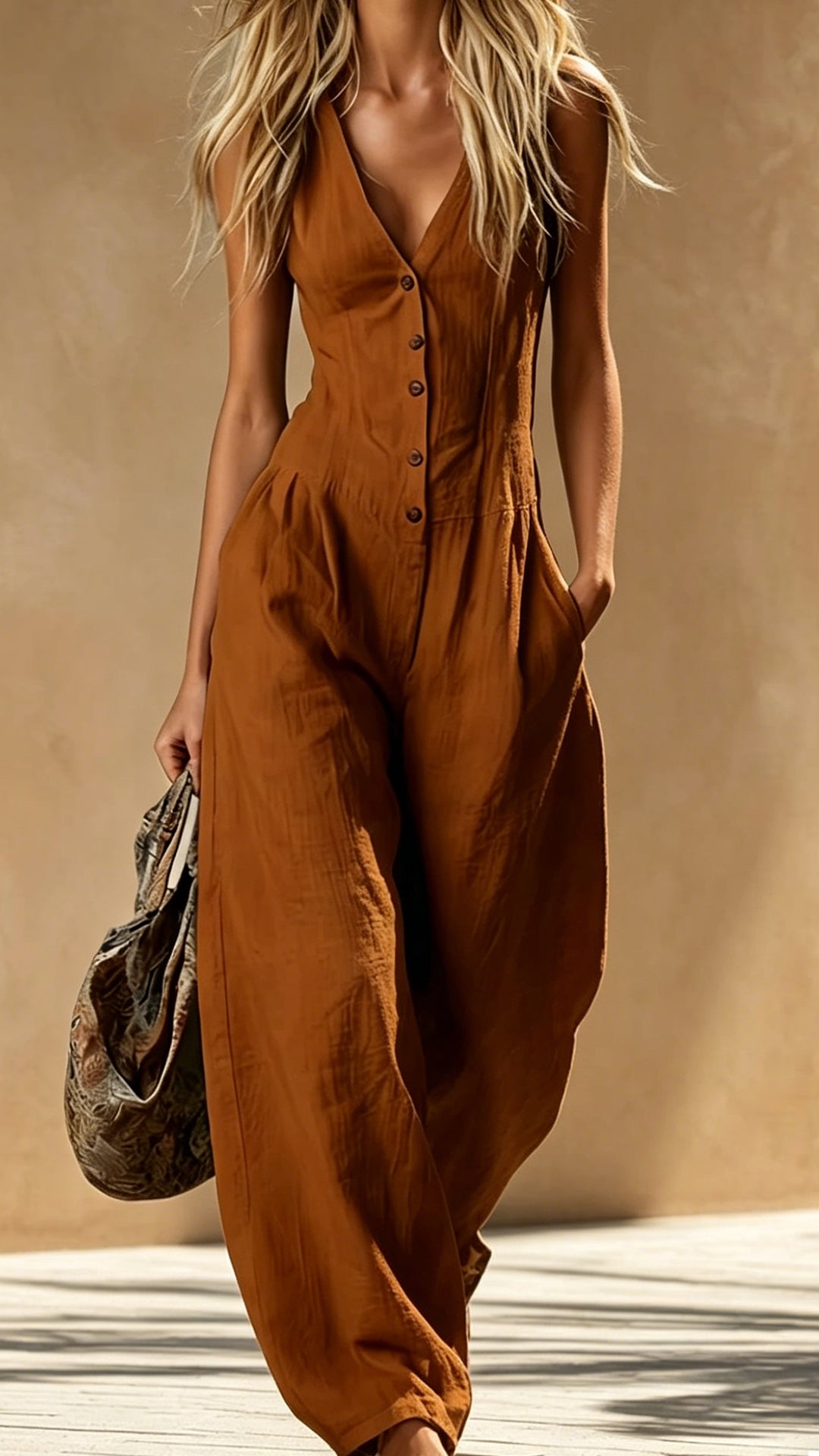 Women’s Cotton-Blend V-Neck Sleeveless Wide-Leg Jumpsuit